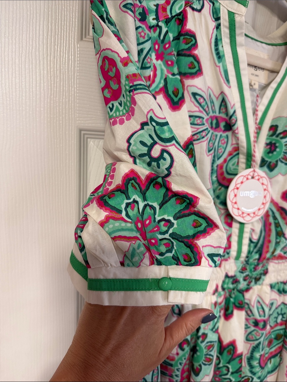 Umgee Cream Maxi Dress with Green & Pink Paisley Print - Picture 3 of 4
